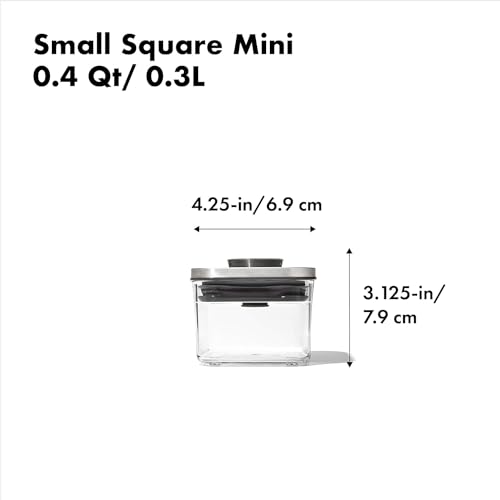 OXO Steel POP Small Grey Square Container - Airtight Food Storage for Dried Herbs & More, 0.4 Qt (Pack of 4)