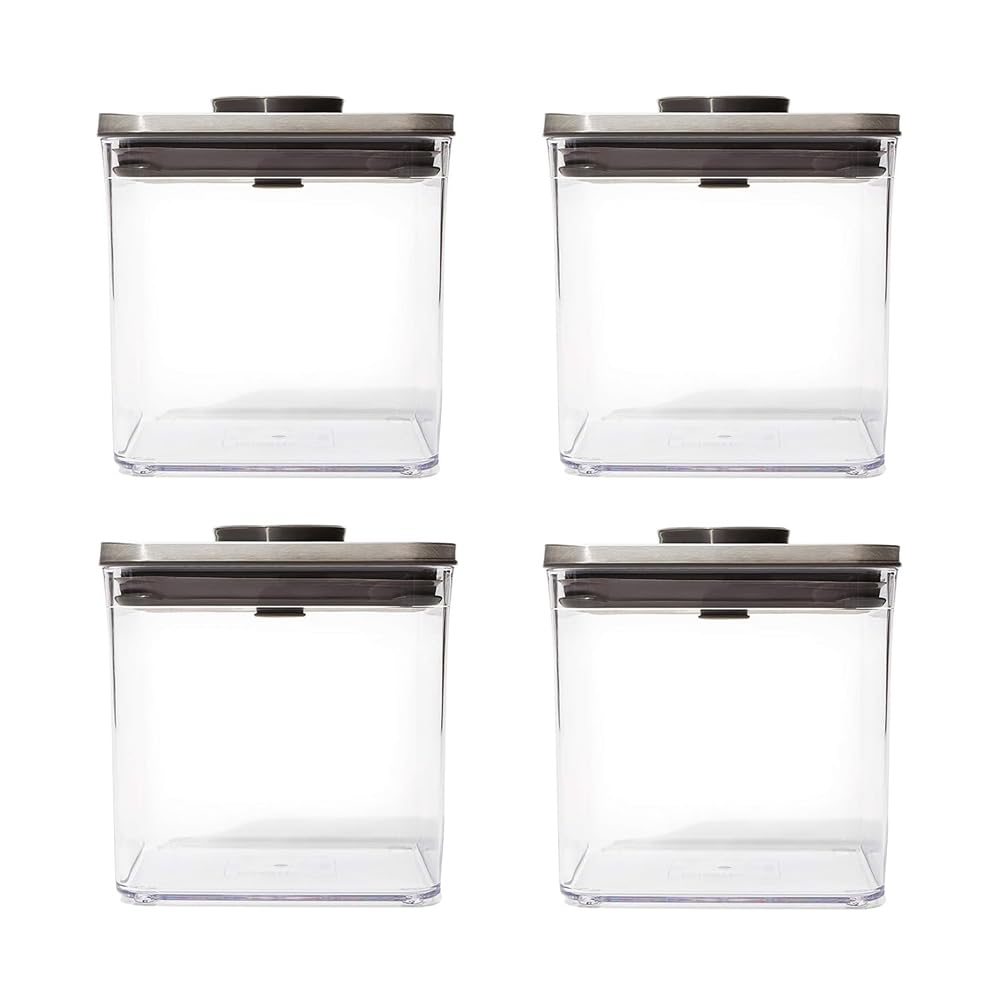 OXO Steel Big Short Square Airtight Food Storage Containers - |8 Qt (Pack of 4) for Cereal, Grains & More, Grey