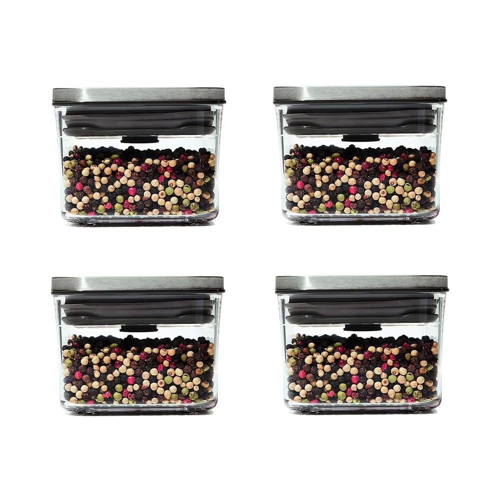 OXO Steel POP Small Grey Square Container - Airtight Food Storage for Dried Herbs & More, 0.4 Qt (Pack of 4)